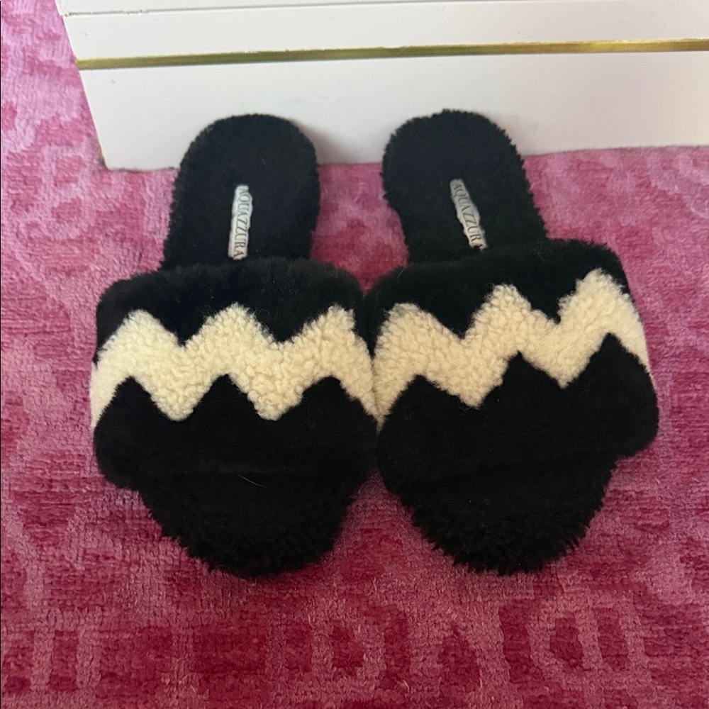 Aquazzura Black Shearling Slides